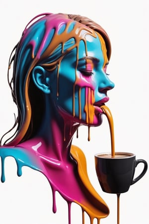 Impactful composition, dripping (neon:0.4) (coffee:0.4) (heat splash:0.4) paint across the shape of a female human, woman drinks a coffee, realistic , high detail, white background