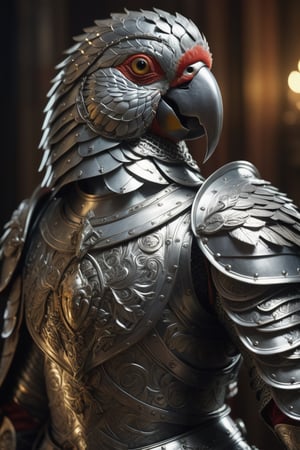 parrot knight, portrait, finely detailed armor, intricate design, silver, silk, cinematic lighting, dramatic lighting, 4k