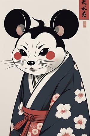 Ukiyo-e style image. Japanese monster in kimono. Large round black ears, white face, black nose, cartoon mouse-like face.