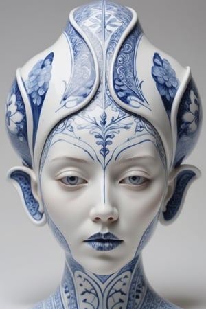 a woman made out of porcelain, in the style of balanced symmetry, white and blue, detailed facial features, organic forms, meticulous portraiture, complex patterns