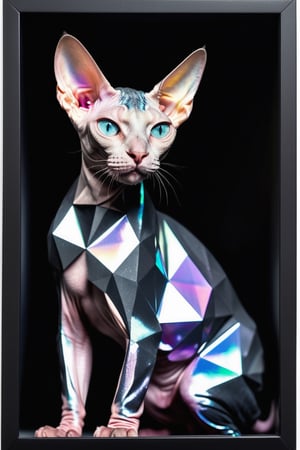 editorial photo or sphynx cat with a black rectangle shape collage hiding part of its body, pastel colors, iridescent, diamond dust 