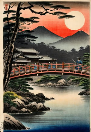 A complex action movie from the Edo period. Two opposing samurai and female ninja, facing each other and holding swords, on a wooden bridge over a river in a Japanese castle town, full-moon night, historical drama, dramatic movement, tension, atmosphere, cinematography, photography , pencil, watercolor, bright, rich colors, Gabriele Delotto, Charles Victor Tillion, Karl Eugen Kiel, Karl Lundgren, pencil drawing