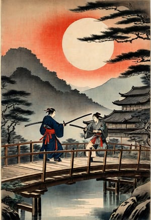 A complex action movie from the Edo period. opposing samurai and female ninja, facing each other and holding swords, on a wooden bridge over a river in a Japanese castle town, full-moon night, historical drama, dramatic movement, tension, atmosphere, cinematography, photography , pencil, watercolor, bright, rich colors, Gabriele Delotto, Charles Victor Tillion, Karl Eugen Kiel, Karl Lundgren, pencil drawing