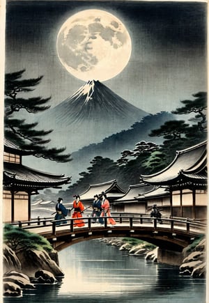 A complex action movie from the Edo period. Two opposing samurai and female ninja, facing each other and holding swords, on a wooden bridge over a river in a Japanese castle town, full-moon night, historical drama, dramatic movement, tension, atmosphere, cinematography, photography , pencil, watercolor, bright, rich colors, Gabriele Delotto, Charles Victor Tillion, Karl Eugen Kiel, Karl Lundgren, pencil drawing