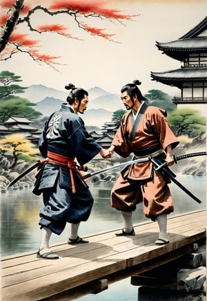 A complex action movie from the Edo period. Two opposing samurai and ninja, facing each other and holding swords, on a wooden bridge over a river in a Japanese castle town, historical drama, dramatic movement, tension, atmosphere, cinematography, photography , pencil, watercolor, bright, rich colors, Gabriele Delotto, Charles Victor Tillion, Karl Eugen Kiel, Karl Lundgren, pencil drawing