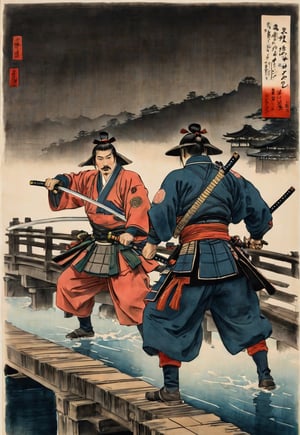 A complex action movie from the Edo period. Two samurai, holding swords facing each other, view from below, on a wooden bridge over a river in a Japanese castle town at night, historical drama, dramatic movement, tension, atmosphere, movie photography, photography, pencil, watercolor, bright, rich colors, Gabriele Delotto, Charles Victor Thirion, Karl Eugen Kiel, Karl Lundgren, pencil drawing