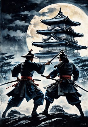 A complex action movie. Two samurai, facing each other and fighting with swords, view from below, in front of an old Japanese castle in the moonlight, historical drama, dramatic movement, fierce battle, atmosphere, cinematography, photography, pencil, watercolor, bright, rich Color, Gabriele Delotto, Charles Victor Thirion, Karl Eugen Kiel, Karl Lundgren, pencil drawing