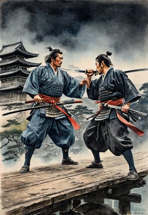 A complex action movie. Two samurai, facing each other and looking to swing their swords, view from below, on a wooden bridge in front of an old Japanese castle at night, historical drama, dramatic movement, tension, atmosphere, cinematography , photography, pencil, watercolor, bright, rich colors, Gabriele Delotto, Charles Victor Tillion, Karl Eugen Kiel, Karl Lundgren, pencil drawing
