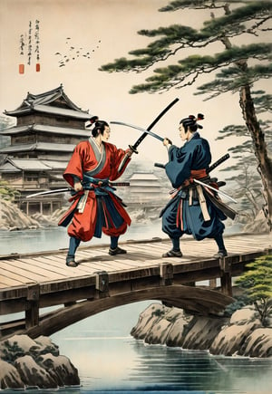 A complex action movie from the Edo period. Two opposing samurai, holding swords facing each other, on a wooden bridge over a river in a Japanese castle town, historical drama, dramatic movement, tension, atmosphere, cinematography, photography, pencil , watercolor, bright, rich colors, Gabriele Delotto, Charles Victor Tillion, Karl Eugen Kiel, Karl Lundgren, pencil drawing