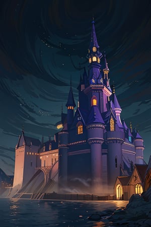 Mystical castle, night scene, low light, complex background