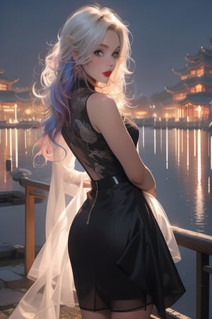 girl, multicolor hair, Night scene, 2d, anime, sexy, SHEER DRESS, china, ((dragon))
