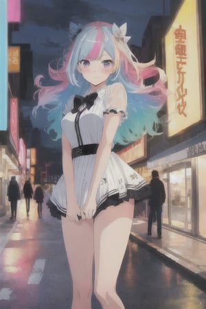 girl, beautiful, (dress), ((dress tug)), (WIND LIFT), night, street, megapolis, neon light, light leaks, ((sexy)), long legs, stockings, (((multicolor hair))), 2d, anime style