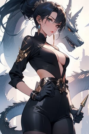 girl, multicolor hair, sexy, china, ((dragon)), ancient lance, fighting pose, agressive black cat