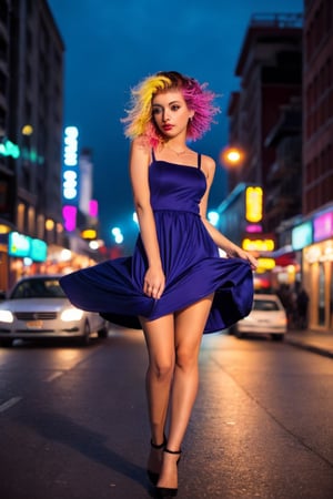 girl, beautiful, (long dress), ((dress tug)), (WIND LIFT), night, street, megapolis, neon light, light leaks, ((sexy)), long legs, stockings, (((multicolor hair))), realistic, realism