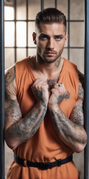imagine the following scene

In a jail cell, a handsome mafia man standing behind the bars. hold the bars with both hands

The man is from Italy, 30yo, very light and bright blue eyes, big eyes, fleshy and red lips, muscular, alpha male, masculine. tattooed, many tattoos.

Wearing an orange prisoner's jumpsuit.

He is behind the bars of the cell, his hands holding the bars. He is upset.

dynamic pose,

The shot is wide to capture the details of the scene. best quality, 8K, high resolution, masterpiece, HD, perfect proportions, perfect hands.