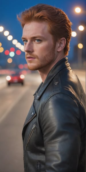 
Imagine the following scene:

Realistic photograph of a large highway, at night, where many cars pass. Standing on the side of the highway a beautiful man

The man is from Ireland. 25 years. Very big and bright blue eyes, full and red lips, long eyelashes, masculine. blushing cheeks. muscular, natural red hair, very freckled, many freckles.

Dynamic pose, watching the cars go by.

The man wears a black sports shirt, a black leather jacket, jeans, and black leather boots.

The shot is wide to capture the details of the scene. Full body shot. best quality, 8K, high resolution, masterpiece, HD, perfect proportions, perfect hands.