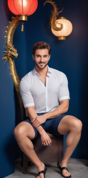 Imagine the following scene:

In a dark blue room, with little lighting, and with a large Chinese street lamp above. A handsome man is sitting with his legs open looking at the camera.

The man is sitting in a chair, very comfortable.

The man is from Saudi Arabia, 25yo, very light and bright blue eyes, big eyes, full and red lips, blush, long eyelashes, short hair, muscular.

(He wears a white short sleeve shirt, in the center of the shirt a large design of a dragon, black lycra shorts, sandals.)

dynamic pose, smile, voluptuous crotch

The shot is wide to capture the details of the scene, full body shot. best quality, 8K, high resolution, masterpiece, HD, perfect proportions, perfect hands.