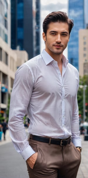 
Imagine the following scene:

Realistic photograph of beautiful man walking outdoors on a street in a very modern and cosmopolitan city, with large modern buildings.

The man is from Japan. 35 years. Very big and bright blue eyes, full and red lips, long eyelashes, masculine. blushing cheeks. average body

Dynamic pose, walking, smile at the camera, professional model pose

The man wears brown dress pants, a white shirt with black lines. Black boots.

The shot is wide to capture the details of the scene. Full body shot. best quality, 8K, high resolution, masterpiece, HD, perfect proportions, perfect hands.