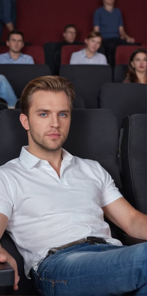 Imagine the following scene.

In a movie theater, sitting in an armchair, a beautiful man watches a movie.

(((He wears jeans, sports shoes and a white shirt)))

The man is German. 25 years. Very large and bright blue eyes, full and red lips, long eyelashes, masculine. Blond hair. muscular

He is sitting in a movie seat, he has a box of popcorn, he is watching the movie screen carefully.

The shot is wide, to capture the details of the scene, the best quality, 8K, high resolution, masterpiece, HD, perfect proportions, perfect hands.