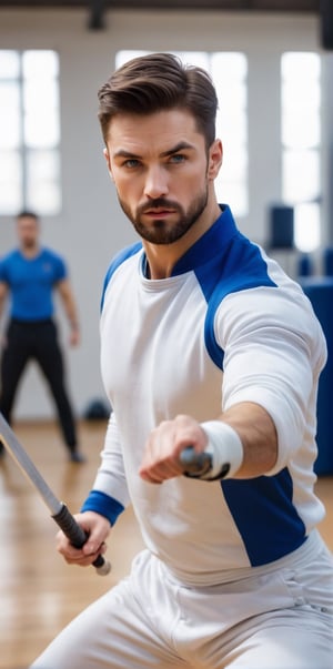 Imagine the following scene:

Realistic photography of beautiful man inside a gym practicing fencing. He has a fencing sword in his hand, attack pose.

The man is from France. 20 years. Very big and bright blue eyes, full and red lips, long eyelashes, masculine. blushing cheeks. muscular

Dynamic pose, in fencing attack position.

The man wears a fencing uniform, the man is a fencer.

The shot is wide to capture the details of the scene. Full body shot. best quality, 8K, high resolution, masterpiece, HD, perfect proportions, perfect hands.