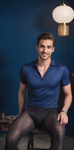 Imagine the following scene:

In a dark blue room, with little lighting, and with a large Chinese street lamp above. A handsome man is sitting with his legs open looking at the camera.

The man is sitting in a chair, very comfortable.

The man is from Saudi Arabia, 25yo, very light and bright blue eyes, big eyes, full and red lips, blush, long eyelashes, short hair, muscular.

(Wearing a short-sleeved shirt, the shirt with a dragon design on the front, black lycra underwear, and sandals.)

dynamic pose, smile, voluptuous crotch

The shot is wide to capture the details of the scene, full body shot. best quality, 8K, high resolution, masterpiece, HD, perfect proportions, perfect hands.