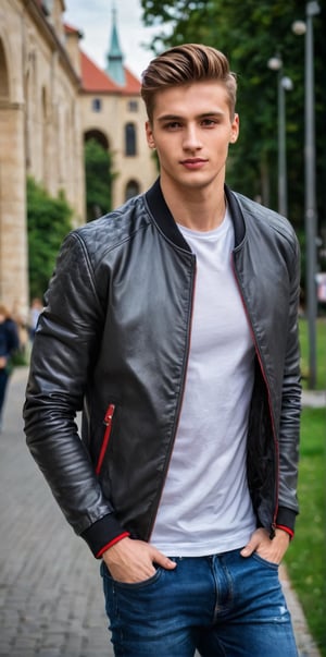 On a very modern and beautiful university campus. In the center a beautiful man. He is a young man of 20 years old, from Slovakia, with light honey eyes, bright and big eyes. Long eyelashes, full red lips, tall. muscular, hair with golden highlights The man wears a university sports jacket, jeans, white shirt, sports shoes, carries a bag on his back He has a dynamic pose, he looks at the viewer mischievously, he smiles. The shot is wide to capture the details of the scene. the best quality, 8K, high resolution, masterpiece, HD, perfect proportions, perfect hands.