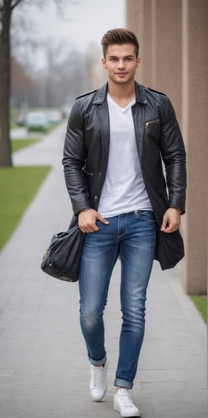 Imagine the following scene: On a very modern and beautiful university campus. In the center a beautiful man. He is a young man of 20 years old, from Slovakia, with light honey eyes, bright and big eyes. Long eyelashes, full red lips, tall. muscular, hair with golden highlights The man wears a university sports jacket, jeans, white shirt, sports shoes, carries a bag on his back He has a dynamic pose, he looks at the viewer mischievously, he smiles. The shot is wide to capture the details of the scene. the best quality, 8K, high resolution, masterpiece, HD, perfect proportions, perfect hands
