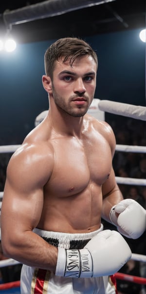 Imagine the following scene.

In a boxing ring. A handsome boxer man.

The man is from Portugal. 25 years. Very big and bright blue eyes, full and red lips, long eyelashes, masculine. Hair with golden highlights. muscular

boxing uniform, white boxing shorts, a matching boxing cape, and boxing shoes.

The man is inside the boxing ring, in a fighting position. With boxing attack position. dynamic pose.

The close-up, the best quality, 8K, high resolution, masterpiece, HD, perfect proportions, perfect hands.