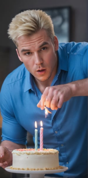 Imagine the following scene:

Realistic photograph of a man blowing out the candles on a birthday cake.

The photograph is in a living room of a home, with many people around, a man blows out a candle, the candle on a beautiful cake.

The man is from Switzerland. 20 years. Very big and bright blue eyes, full and red lips, long eyelashes, masculine. blushing cheeks. muscular, spiky hair, gelled hair, blonde, black highlights.

Dynamic pose, blowing out the birthday candle. Blowing out the candle.

The man wears a sports shirt of many colors, jeans, and white sports shoes.

The shot is wide to capture the details of the scene. Full body shot. best quality, 8K, high resolution, masterpiece, HD, perfect proportions, perfect hands.