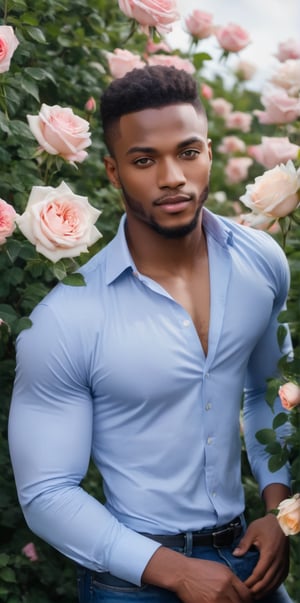 Imagine the following scene:

In a field of violet and white roses. Beatiful roses.

Among the rose bushes a beautiful man.

The man is from Nigeria, 25yo, very light and bright blue eyes, big eyes, full and red lips, blush, long eyelashes, short hair, muscular.

(He wears a white long-sleeved shirt, jean pants, black shoes)

Posing among the roses. Smile, dynamic pose

The shot is wide to capture the details of the scene, full body shot. best quality, 8K, high resolution, masterpiece, HD, perfect proportions, perfect hands.