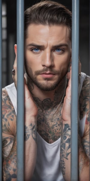 imagine the following scene

In a jail cell, a handsome mafia man standing behind the bars. hold the bars with both hands

The man is from Italy, 30yo, very light and bright blue eyes, big eyes, fleshy and red lips, muscular, alpha male, masculine. tattooed, many tattoos.

Wearing an orange prisoner's jumpsuit.

He is behind the bars of the cell, his hands holding the bars. He is upset.

dynamic pose,

The shot is wide to capture the details of the scene. best quality, 8K, high resolution, masterpiece, HD, perfect proportions, perfect hands.
