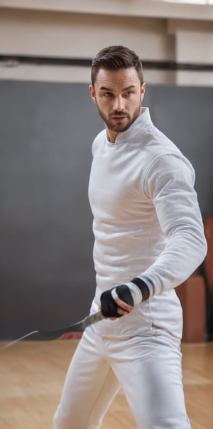 Imagine the following scene:

Realistic photography of beautiful man inside a gym practicing fencing. He has a fencing sword in his hand, attack pose.

The man is from France. 20 years. Very big and bright blue eyes, full and red lips, long eyelashes, masculine. blushing cheeks. muscular

Dynamic pose, in fencing attack position.

The man wears a fencing uniform, the man is a fencer.

The shot is wide to capture the details of the scene. Full body shot. best quality, 8K, high resolution, masterpiece, HD, perfect proportions, perfect hands.