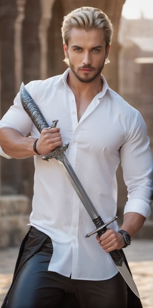 Imagine the following scene:

Realistic photograph of a beautiful man with a sword in his hands. The sword is very elaborate, the steel sword that shines, has designs on the blade of the dragon sword. The focus is the sword

The man is in a combat position, serious, with the sword in his hands.

The scene takes place outdoors.

The man is from Saudi Arabia, 35yo, blonde, very light and bright blue eyes, big eyes, long eyelashes, red and full lips, raised hair, gelled hair, blonde hair, black highlights in his hair. Blush, muscular. a lot of hair on the chest, tattoo on the arm, tattoo

The man wears black latex pants, tight pants, and white boots. White shirt tight to the body. You can notice his strong and large pectorals. Voluptuous crotch.

Combat pose, dynamic pose.

The shot is wide to capture the details of the scene. Full body shot. best quality, 8K, high resolution, masterpiece, HD, perfect proportions, perfect hands.