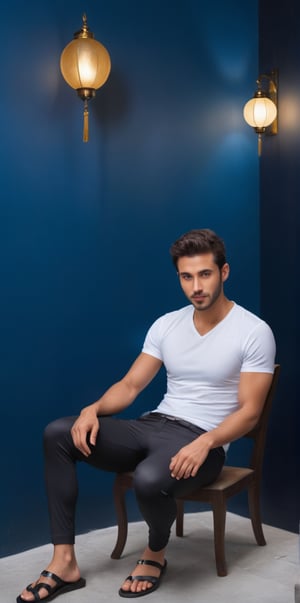 
Imagine the following scene:

In a dark blue room, with little lighting, and with a large Chinese street lamp above. A handsome man is sitting with his legs open looking at the camera.

The man is sitting in a chair, very comfortable.

The man is from Yemen, 25yo, very light and bright blue eyes, big eyes, full and red lips, blush, long eyelashes, with golden reflections, short, gelled hair, muscular.

(He wears a white short-sleeved shirt with a dragon design on the front, black lycra shorts, tight pants, and sandals.)

dynamic pose, smile, voluptuous crotch

The shot is wide to capture the details of the scene, full body shot. best quality, 8K, high resolution, masterpiece, HD, perfect proportions, perfect hands.