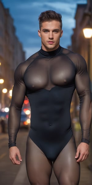 Imagine the following scene.

On a busy street, there are headlights, it is night. A beautiful man walks along the road

The man is from Slovakia. muscular. 20 years. Very large and bright blue eyes, full and red lips, muscular, long eyelashes, masculine. (Sky blue hair), big, beefy chest.

(((with black latex full-body mesh, tight-fitting bodysuit))).

Man walks, dynamic pose, big crotch, voluptuous crotch

The half-body shot to capture the details of the scene, best quality, 8K, high resolution, masterpiece, HD, perfect proportions, perfect hands.