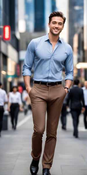 
Imagine the following scene:

Realistic photograph of beautiful man walking outdoors on a street in a very modern and cosmopolitan city, with large modern buildings.

The man is from Japan. 35 years. Very big and bright blue eyes, full and red lips, long eyelashes, masculine. blushing cheeks. average body

Dynamic pose, walking, smile at the camera, professional model pose

The man wears brown dress pants, a white and black shirt. shirt with black lines. Black boots.

The shot is wide to capture the details of the scene. Full body shot. best quality, 8K, high resolution, masterpiece, HD, perfect proportions, perfect hands.