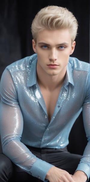 Imagine the following scene:

In a black room. A photo studio, a beautiful man sitting on a high bench poses to the camera

The man is from Russia, 25yo, very light and bright blue eyes, big eyes, full and red lips, blush, long eyelashes, short hair, muscular. blond.

(((wearing a crystal shirt, the shirt has a lot of crystals, the threads are made of crystals, the crystals shine in the light, tight black pants, white boots)))

The shot is wide to capture the details of the scene, full body shot. best quality, 8K, high resolution, masterpiece, HD, perfect proportions, perfect hands.