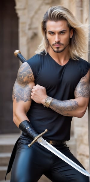 Imagine the following scene:

Realistic photograph of a beautiful man with a sword in his hands. The sword is very elaborate, the steel sword that shines, has designs on the blade of the dragon sword. The focus is the sword

The man is in a combat position, serious, with the sword in his hands.

The scene takes place outdoors.

The man is from Saudi Arabia, 35yo, very light and bright blue eyes, big eyes, long eyelashes, red and full lips, raised hair, gelled hair, blonde hair, black highlights in his hair. Blush, muscular. (((a lot of hair on the chest, tattoo on the arm, tattoo)))

The man wears black latex pants, tight pants, and white boots. White shirt tight to the body. You can notice his strong and large pectorals. Voluptuous crotch.

Combat pose, dynamic pose.

The shot is wide to capture the details of the scene. Full body shot. best quality, 8K, high resolution, masterpiece, HD, perfect proportions, perfect hands.