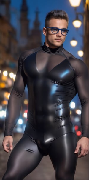 Imagine the following scene.

On a busy street, there are headlights, it is night. A beautiful man walks along the road

The man is from Slovakia. muscular. 20 years. Very large and bright blue eyes, full and red lips, muscular, long eyelashes, masculine. Sky blue hair, big, beefy chest.

(((with black latex full-body mesh, tight-fitting bodysuit, reading glasses))).

Man walks, dynamic pose, big crotch, voluptuous crotch

The half-body shot to capture the details of the scene, best quality, 8K, high resolution, masterpiece, HD, perfect proportions, perfect hands.