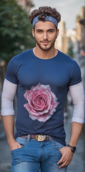 Imagine the following scene.

Outdoors on an afternoon, at dusk. In a very busy square. A handsome man poses to the camera

The man is from Arabia. Muscular. 25yo. Very light and bright blue eyes, big eyes, full and red lips, long eyelashes. male, blush.

Wearing a short-sleeved shirt, the shirt with a rose design on the front, with many gradient designs, black jeans, white sports shoes. ((Wear a headband)), earrings, chain around your neck. (((A lot of hair on the chest)))

He has a dynamic pose, smiles at the camera. The man is a professional model

The shot is wide to capture the details of the scene. Full body shot. (the shot is from bottom to top). best quality, 8K, high resolution, masterpiece, HD, perfect proportions, perfect hands.