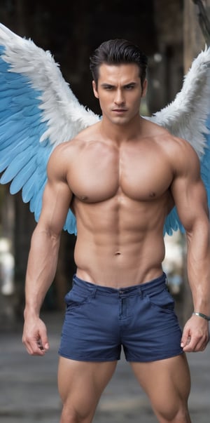 Imagine the following scene:

Surrealist photograph of a beautiful man with spread eagle wings.

It is standing, with its wings spread.

The man is from Thailand. muscular. 25 years. Very large and bright blue eyes, full and red lips, muscular, long eyelashes, masculine. blushing cheeks. very big chest, very hairy chest, a lot of hair on the chest

He wears navy blue shorts. Navy blue boots.

dynamic pose

The shot is wide to capture the details of the scene. Full body shot. best quality, 8K, high resolution, masterpiece, HD, perfect proportions, perfect hands.