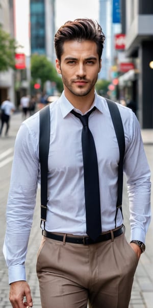 
Imagine the following scene:

Realistic photograph of beautiful man walking outdoors on a street in a very modern and cosmopolitan city, with large modern buildings.

The man is from Japan. 35 years. Very big and bright blue eyes, full and red lips, long eyelashes, masculine. blushing cheeks. average body

Dynamic pose, walking, smile at the camera, professional model pose

The man wears brown dress pants, a white and black shirt. shirt with black lines. Black boots.

The shot is wide to capture the details of the scene. Full body shot. best quality, 8K, high resolution, masterpiece, HD, perfect proportions, perfect hands.