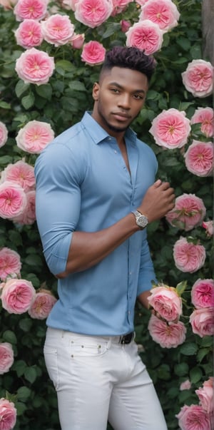 Imagine the following scene:

In a field of violet and white roses. Beatiful roses.

Among the rose bushes a beautiful man.

The man is from Nigeria, 25yo, very light and bright blue eyes, big eyes, full and red lips, blush, long eyelashes, short hair, muscular.

(He wears a white long-sleeved shirt, jean pants, black shoes)

Posing among the roses. Smile, dynamic pose

The shot is wide to capture the details of the scene, full body shot. best quality, 8K, high resolution, masterpiece, HD, perfect proportions, perfect hands.