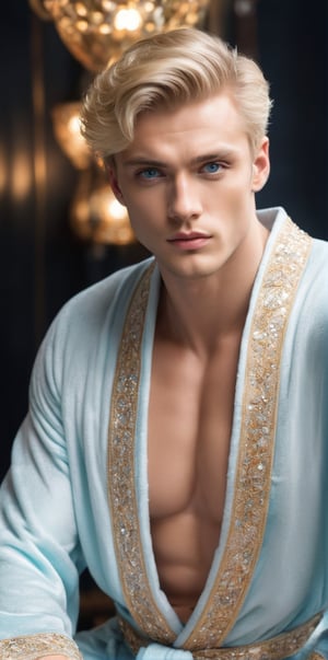 Imagine the following scene:

In a black room. A photo studio, a beautiful man sitting on a high bench poses to the camera

The man is from Russia, 25yo, very light and bright blue eyes, big eyes, full and red lips, blush, long eyelashes, short hair, muscular. blond.

(wearing a crystal robe, the crystals shine in the light, the robe is long, sandals)

The shot is wide to capture the details of the scene, full body shot. best quality, 8K, high resolution, masterpiece, HD, perfect proportions, perfect hands.