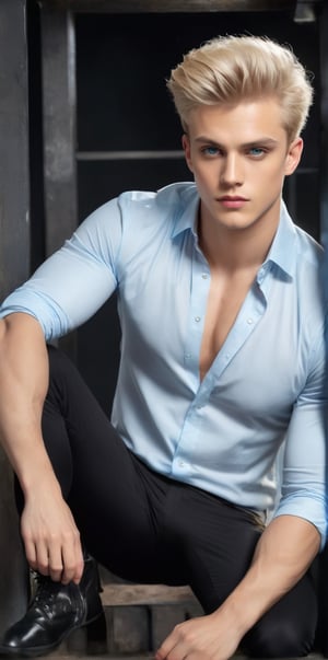 Imagine the following scene:

In a black room. A photo studio, a beautiful man sitting on a high bench poses to the camera

The man is from Russia, 25yo, very light and bright blue eyes, big eyes, full and red lips, blush, long eyelashes, short hair, muscular. blond.

(((wearing a crystal shirt, the shirt has a lot of crystals, the threads are made of crystals, the crystals shine in the light, tight black pants, white boots)))

The shot is wide to capture the details of the scene, full body shot. best quality, 8K, high resolution, masterpiece, HD, perfect proportions, perfect hands.