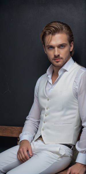 Imagine the following scene.

In a black room. A handsome man sitting in a chair.

The man is from Slovakia. 35 years. Very big and bright blue eyes, full and red lips, long eyelashes, masculine. Hair with golden highlights.

He wears a white vest, white pants and white dress shoes.

The man is sitting on a high bench.

model pose, dynamic pose, looks at the camera mischievously.

The close-up, the best quality, 8K, high resolution, masterpiece, HD, perfect proportions, perfect hands.