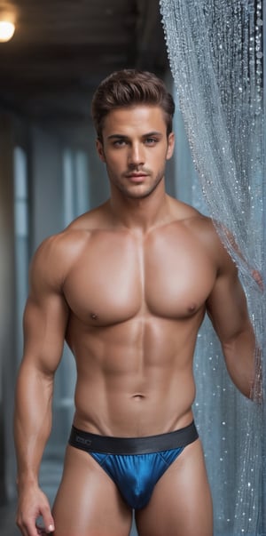 
Imagine the following scene:

A long black hallway, with crystal curtains hanging from the ceiling, the crystal beads shining.

Walking a beautiful man, with his hands outstretched touching the glass curtains.

The man is from brazil, 30yo, very light and bright blue eyes, big eyes, full and red lips, blush, long eyelashes, short hair, muscular. Strong chest, big chest, dark skin, tanned skin

(((Wearing a jockstrap, black boots)))

Great crotch. Very hairy, (((a lot of hair on the chest))

The shot is wide to capture the details of the scene, full body shot. best quality, 8K, high resolution, masterpiece, HD, perfect proportions, perfect hands.
