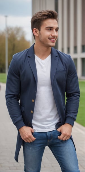 Imagine the following scene: On a very modern and beautiful university campus. In the center a beautiful man. He is a young man of 20 years old, from Slovakia, with light honey eyes, bright and big eyes. Long eyelashes, full red lips, tall. muscular, hair with golden highlights The man wears a university sports jacket, jeans, white shirt, sports shoes, carries a bag on his back He has a dynamic pose, he looks at the viewer mischievously, he smiles. The shot is wide to capture the details of the scene. the best quality, 8K, high resolution, masterpiece, HD, perfect proportions, perfect hands