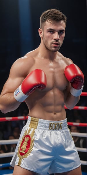 Imagine the following scene.

In a boxing ring. A handsome boxer man.

The man is from Portugal. 25 years. Very big and bright blue eyes, full and red lips, long eyelashes, masculine. Hair with golden highlights. muscular

boxing uniform, white boxing shorts, a matching boxing cape, and boxing shoes.

The man is inside the boxing ring, in a fighting position. With boxing attack position. dynamic pose.

The close-up, the best quality, 8K, high resolution, masterpiece, HD, perfect proportions, perfect hands.