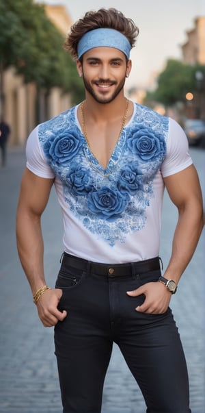 Imagine the following scene.

Outdoors on an afternoon, at dusk. In a very busy square. A handsome man poses to the camera

The man is from Arabia. Muscular. 25yo. Very light and bright blue eyes, big eyes, full and red lips, long eyelashes. male, blush.

Wearing a short-sleeved shirt, the shirt with a rose design on the front, with many gradient designs, black jeans, white sports shoes. ((Wear a headband)), earrings, chain around your neck. (((A lot of hair on the chest)))

He has a dynamic pose, smiles at the camera. The man is a professional model

The shot is wide to capture the details of the scene. Full body shot. (the shot is from bottom to top). best quality, 8K, high resolution, masterpiece, HD, perfect proportions, perfect hands.